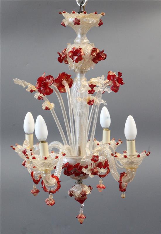 A Venetian clear and red glass four branch chandelier, c.1900, H.2ft 2in.